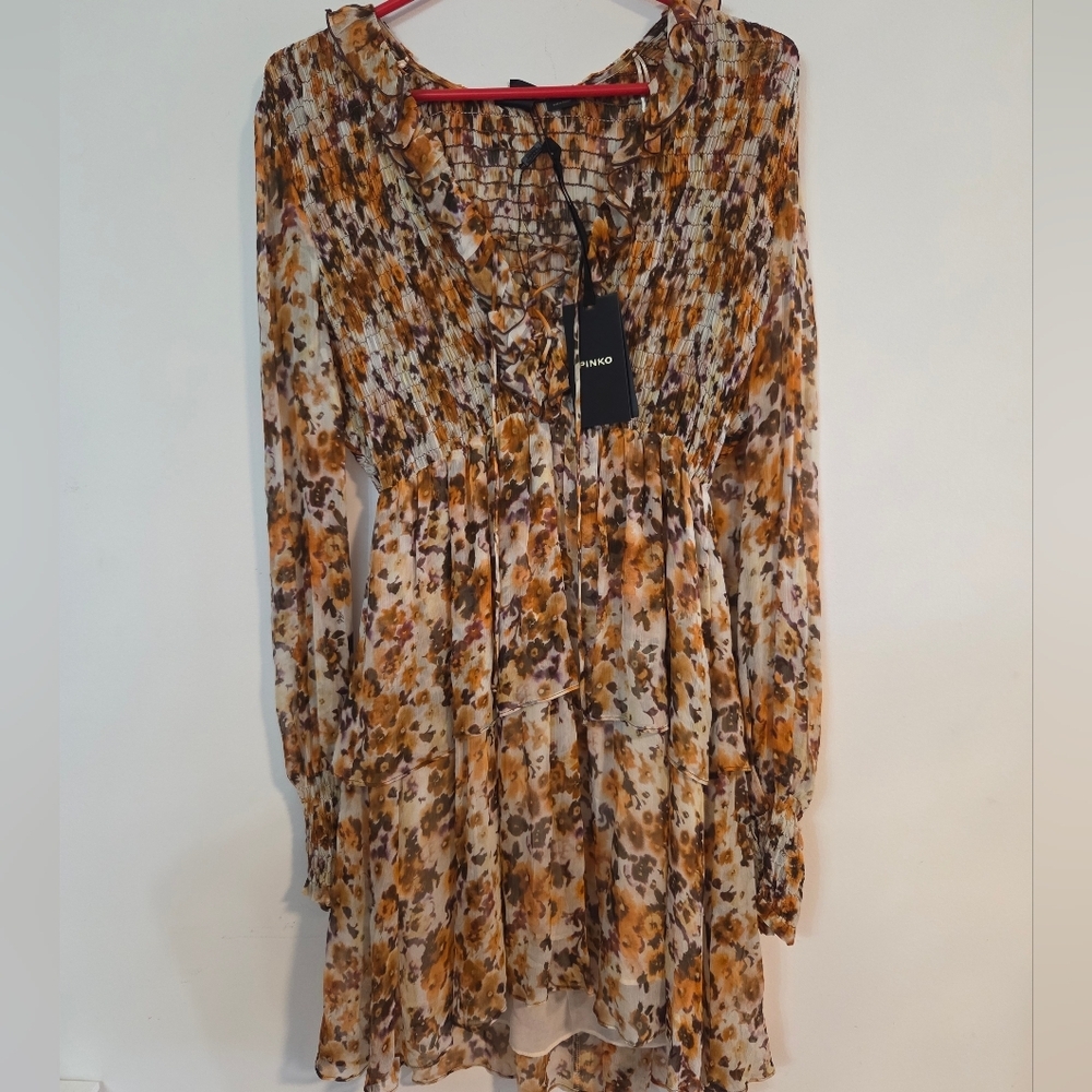 NWT Pinko Floral Mini Dress in Brown and Cream - Picture 6 of 16